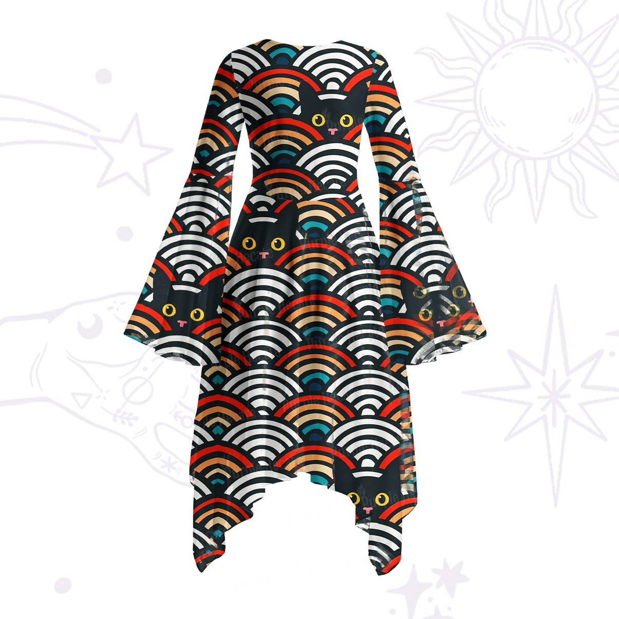 Purplehecate Rainbow Black Cat Waves Bell Sleeve Dress