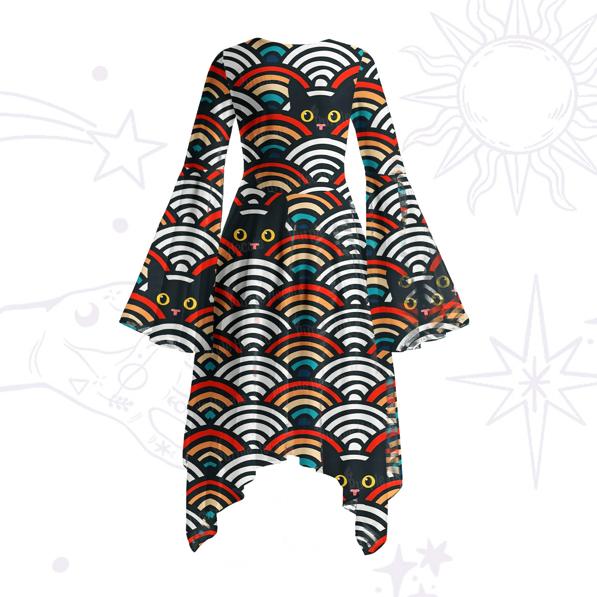 Purplehecate Rainbow Black Cat Waves Bell Sleeve Dress