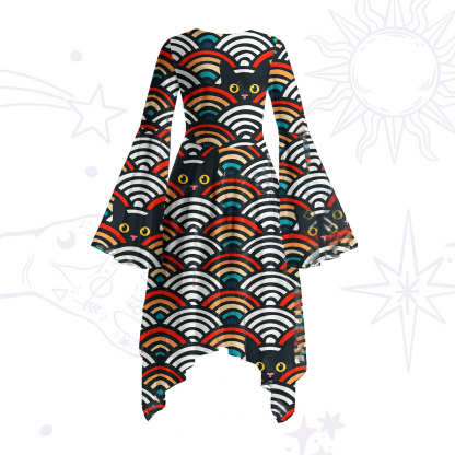 Purplehecate Rainbow Black Cat Waves Bell Sleeve Dress