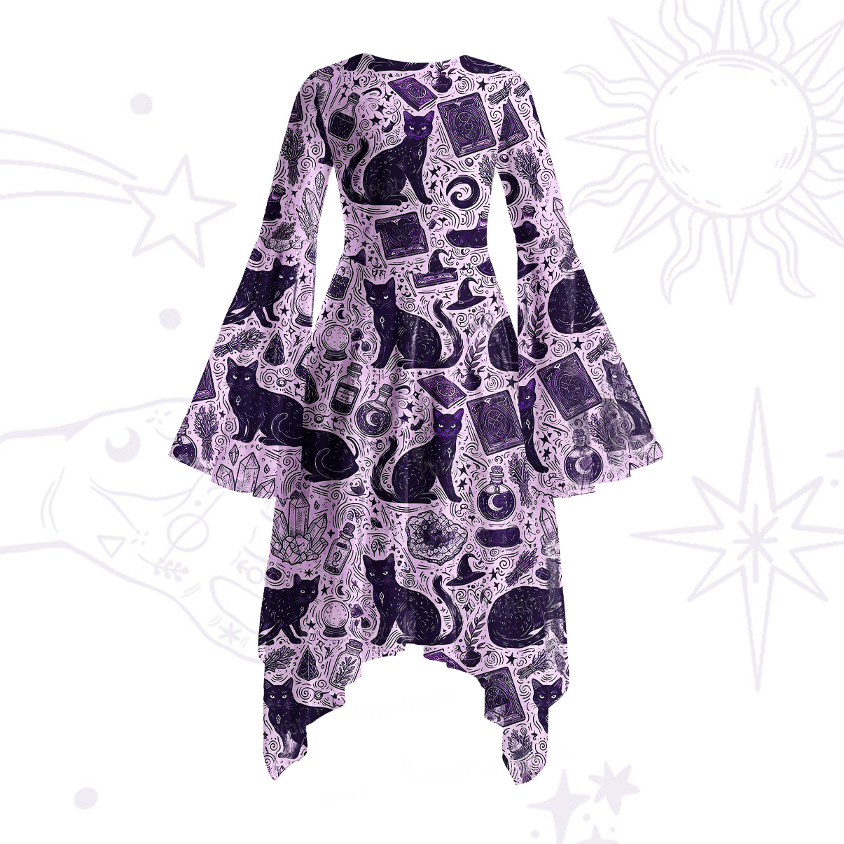 Purplehecate Midnight Black Cat Witch Potion Bell Sleeve Dress