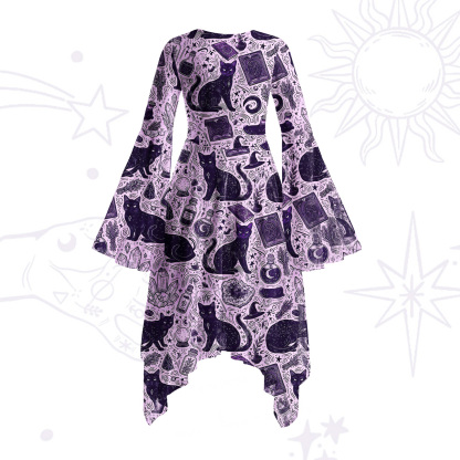 Purplehecate Midnight Black Cat Witch Potion Bell Sleeve Dress
