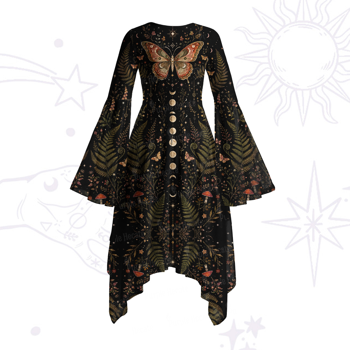 Purplehecate Moon Moth in the Enchanted Forest Bell Sleeve Dress