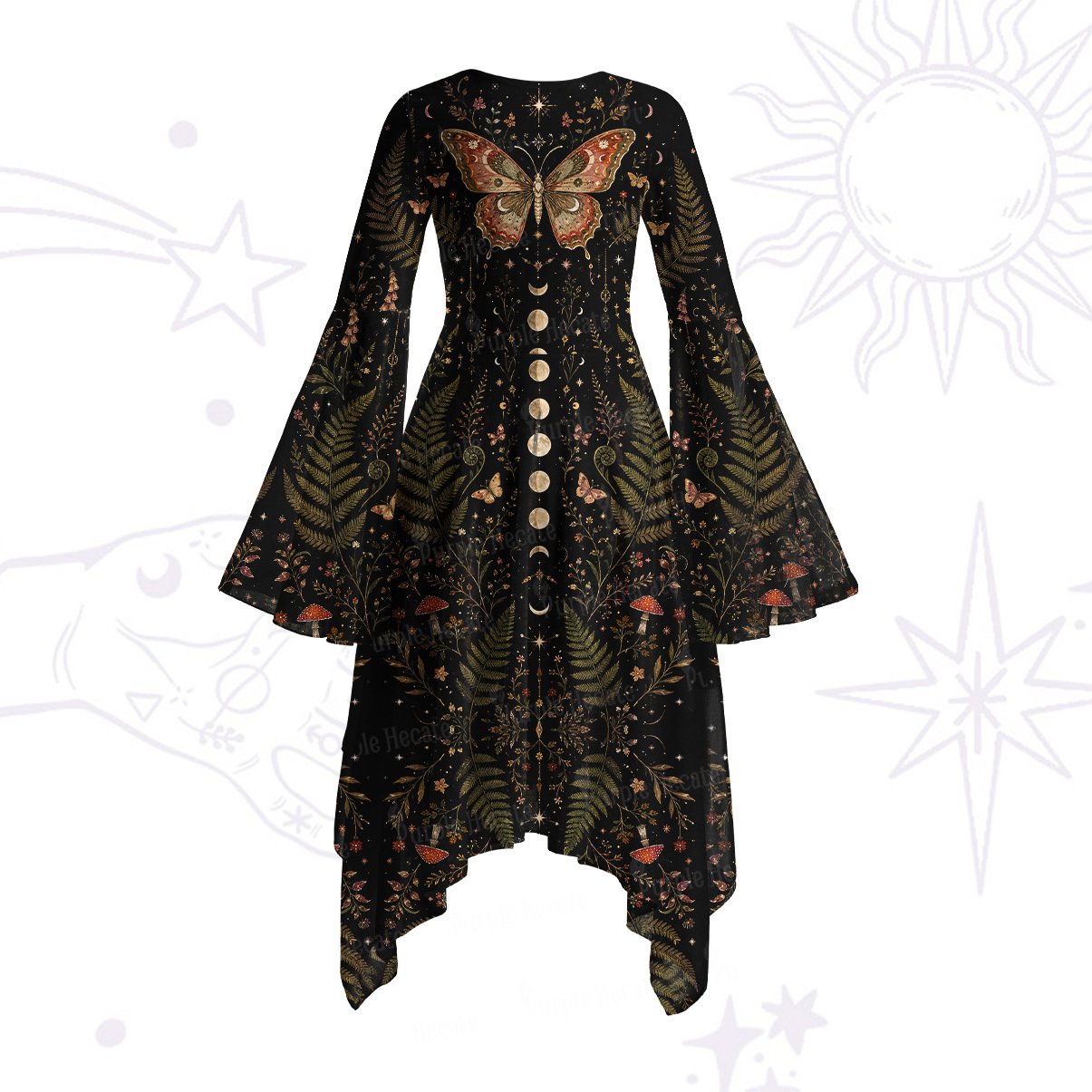 Purplehecate Moon Moth in the Enchanted Forest Bell Sleeve Dress