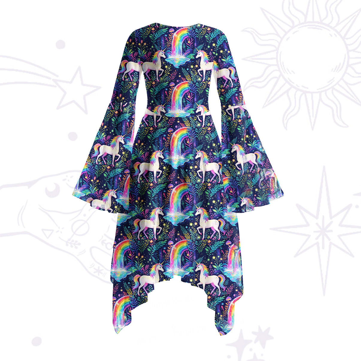 Purplehecate Rainbow Forest Unicorn Magic Bell Sleeve Dress