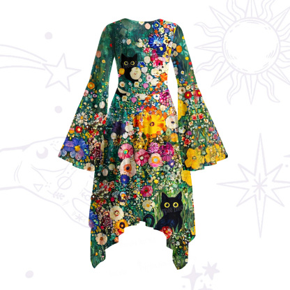 Purplehecate Fluffy Black Cat in Colorful Flower Field Bell Sleeve Dress