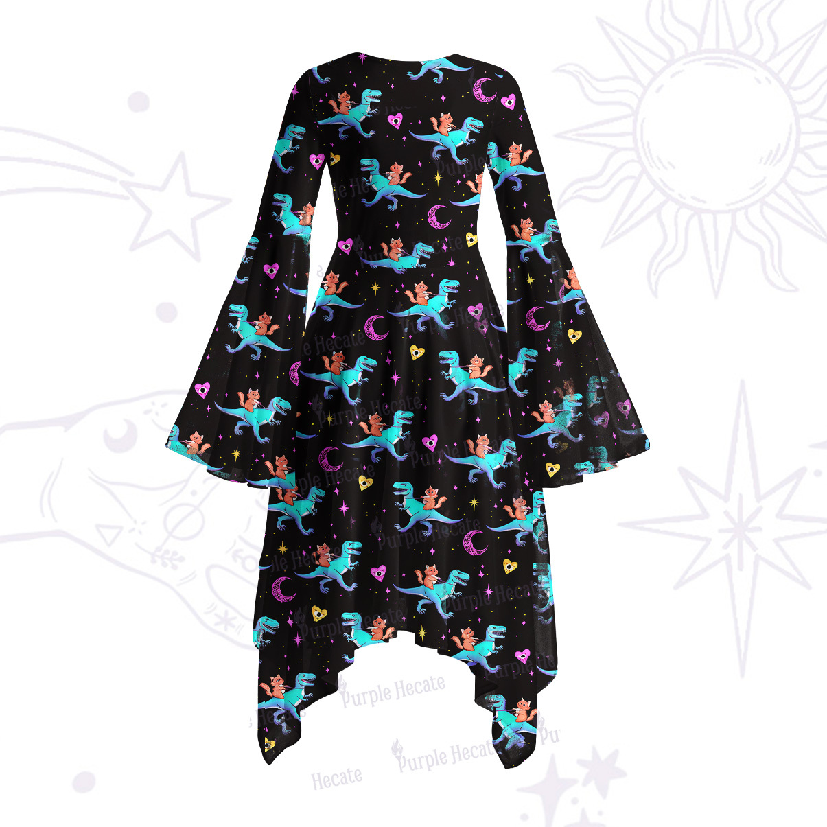 Purplehecate Witch Cat Rides the Dino Bell Sleeve Dress