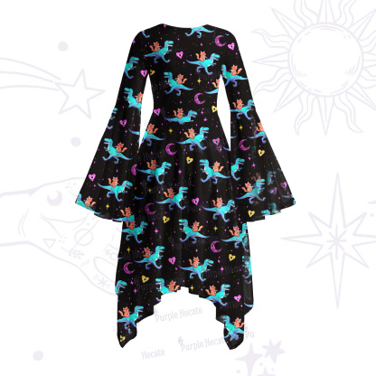 Purplehecate Witch Cat Rides the Dino Bell Sleeve Dress