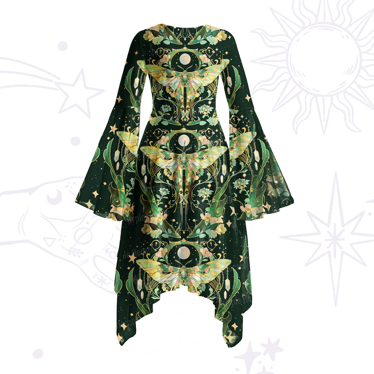 Purplehecate Moon Moth Rave Bell Sleeve Dress
