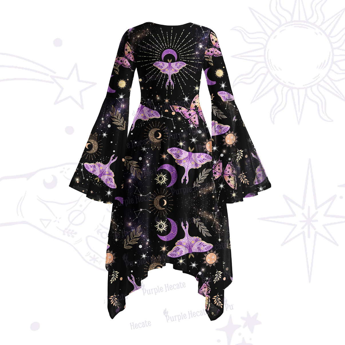 Purplehecate Starry Night Lunar Moth Bell Sleeve Dress