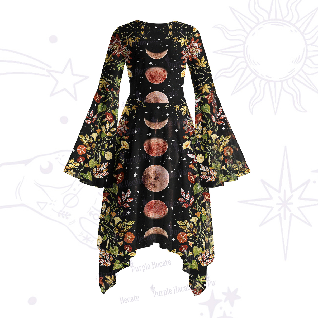 Purplehecate Moon Phase Floral Bell Sleeve Dress