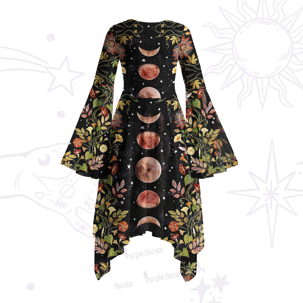 Purplehecate Moon Phase Floral Bell Sleeve Dress