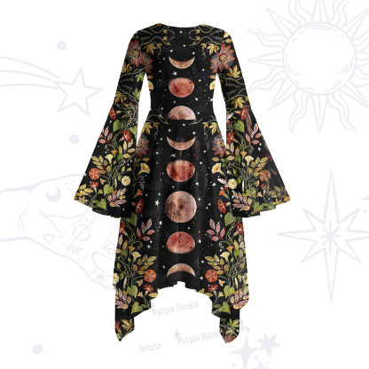 Purplehecate Moon Phase Floral Bell Sleeve Dress