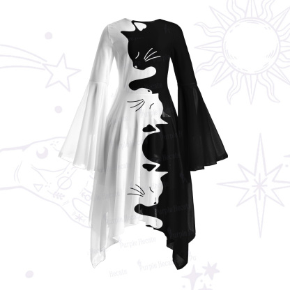 Purplehecate Yin Yang Cat Lover Bell Sleeve Dress