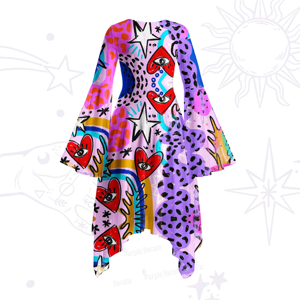Purplehecate Cosmic Love Eyes Graffiti Bell Sleeve Dress