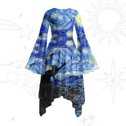 Purplehecate Witch Cat Under the Starry Night Bell Sleeve Dress