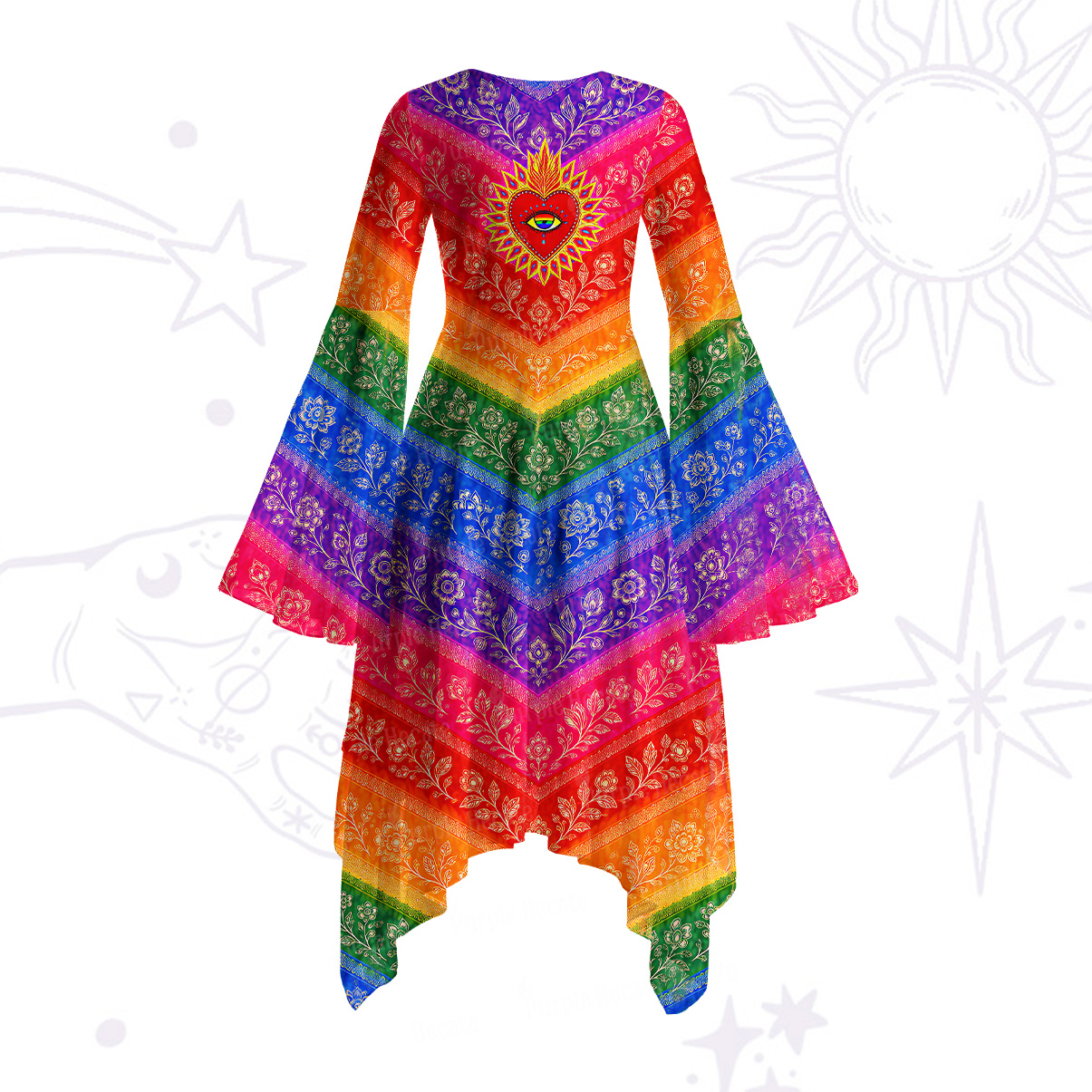 Purplehecate Rainbow Striped Sacred Heart Bell Sleeve Dress