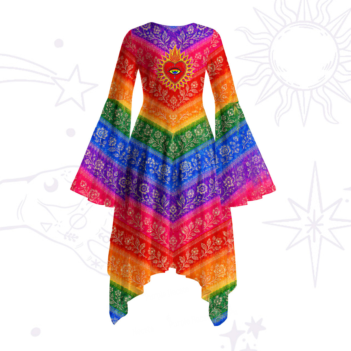 Purplehecate Rainbow Striped Sacred Heart Bell Sleeve Dress