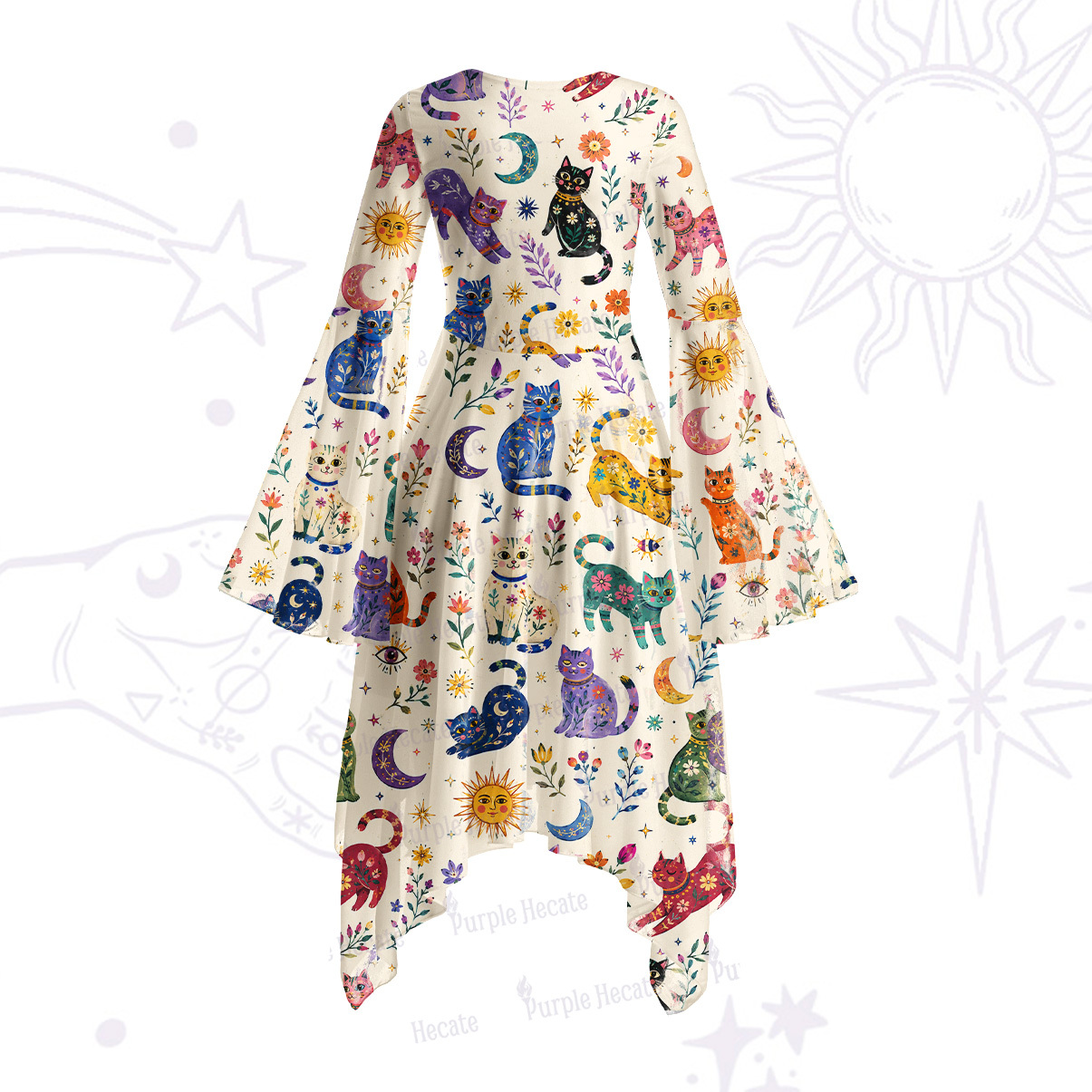 Purplehecate Rainbow Magic Cats Bell Sleeve Dress