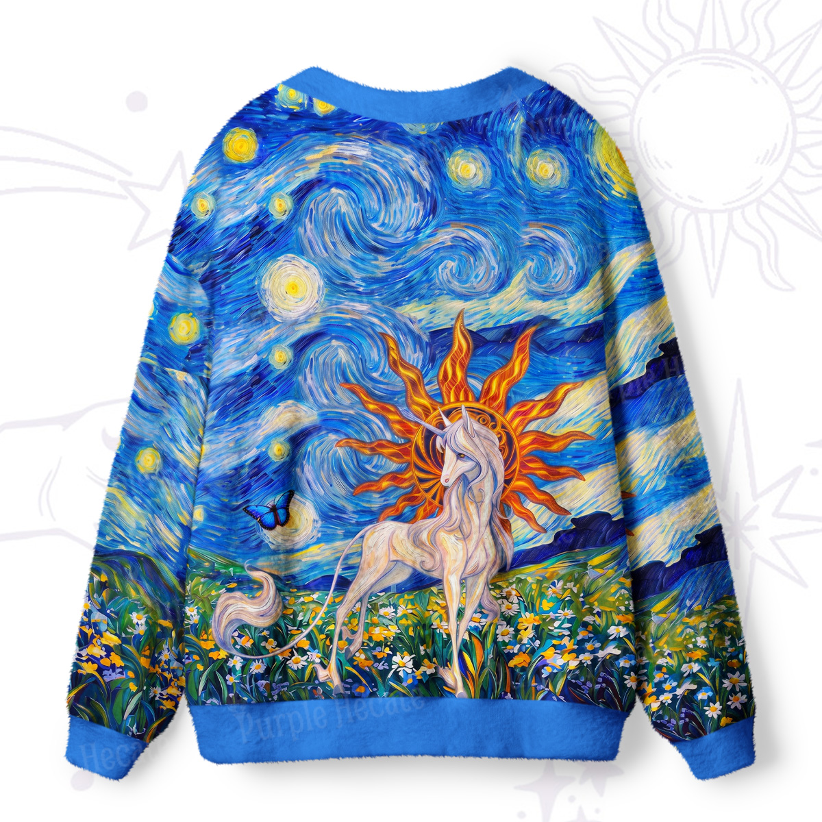 Purplehecate Starry Night Sun Unicorn Fantasy Ugly Cardigan Sweaters