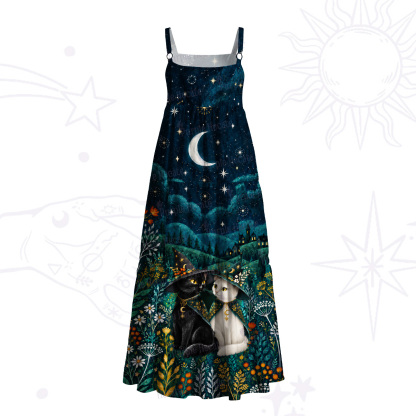 Purplehecate Moonlit Forest Cats Wide Straps Maxi Dress