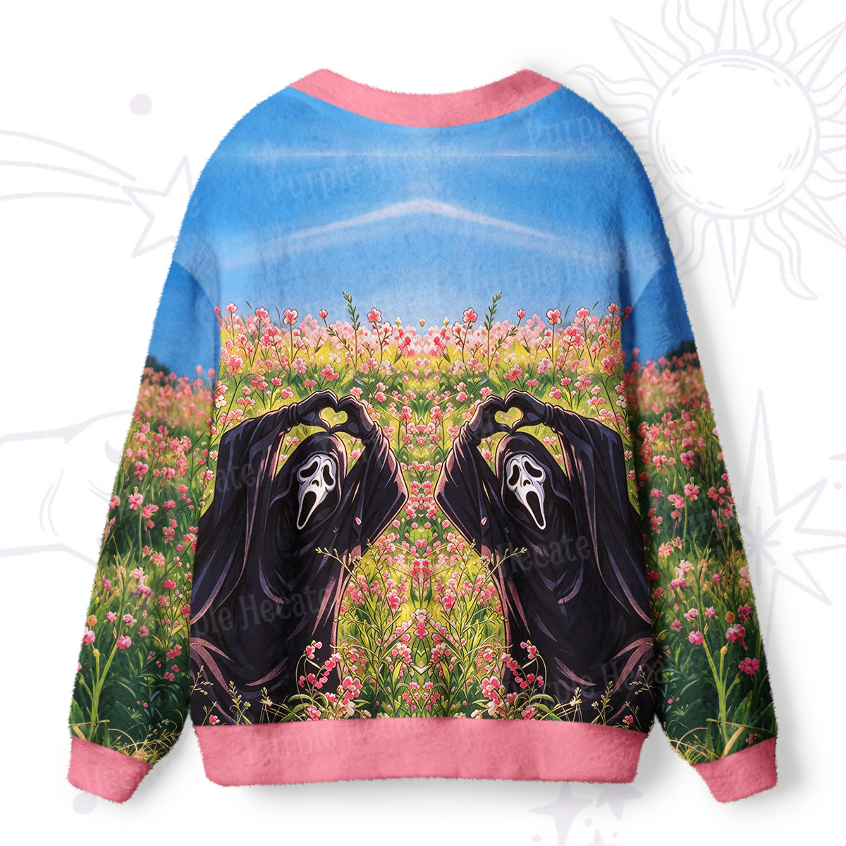 Purplehecate Flower Field Ghost Face Heart Hands Ugly Cardigan Sweaters