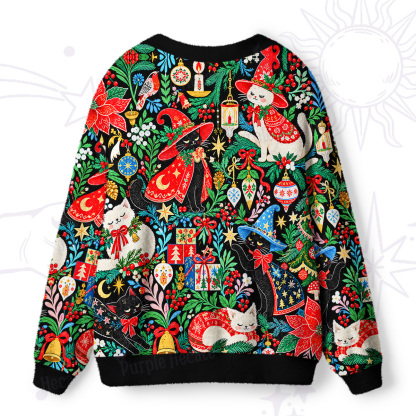 Purplehecate Enchanted Forest Christmas Gift Cats Ugly Cardigan Sweaters