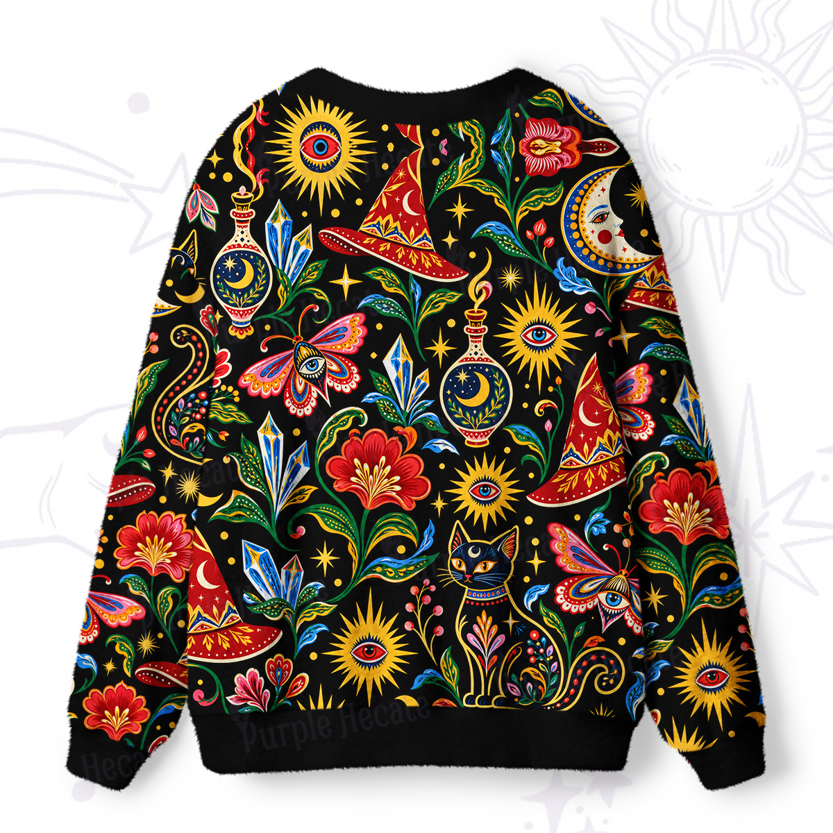 Purplehecate Sunburst Florals and Cats Ugly Cardigan Sweaters