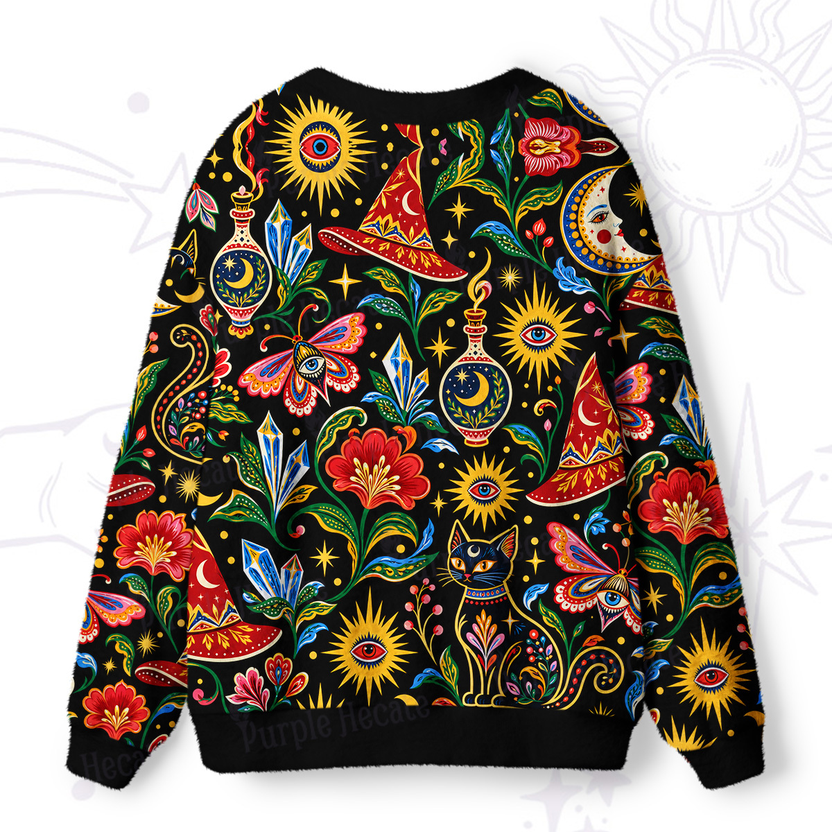 Purplehecate Sunburst Florals and Cats Ugly Cardigan Sweaters