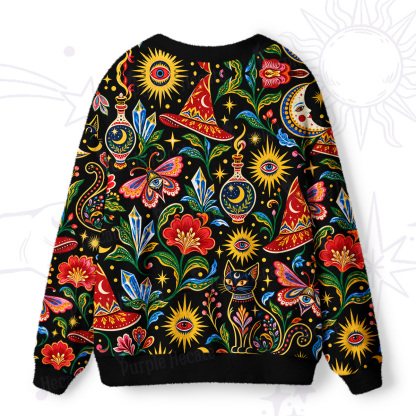 Purplehecate Sunburst Florals and Cats Ugly Cardigan Sweaters
