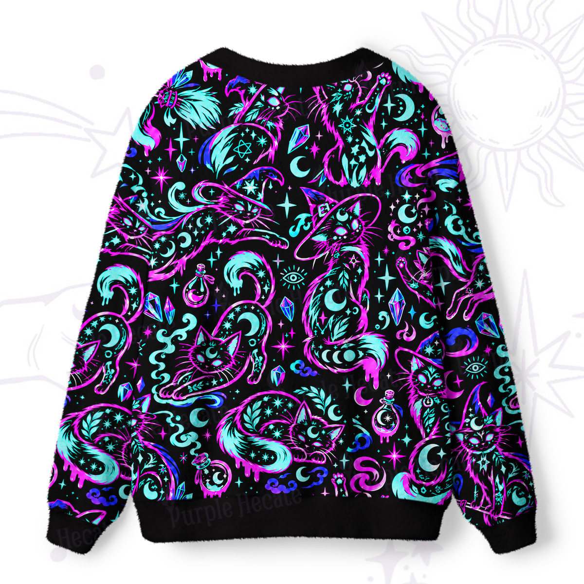 Purplehecate Neon Celestial Magic Black Cat Ugly Cardigan Sweaters