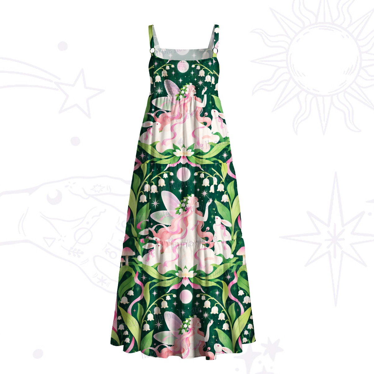 Purplehecate Enchanted Forest Lily of the Valley Fairy Wide Straps Maxi Dress