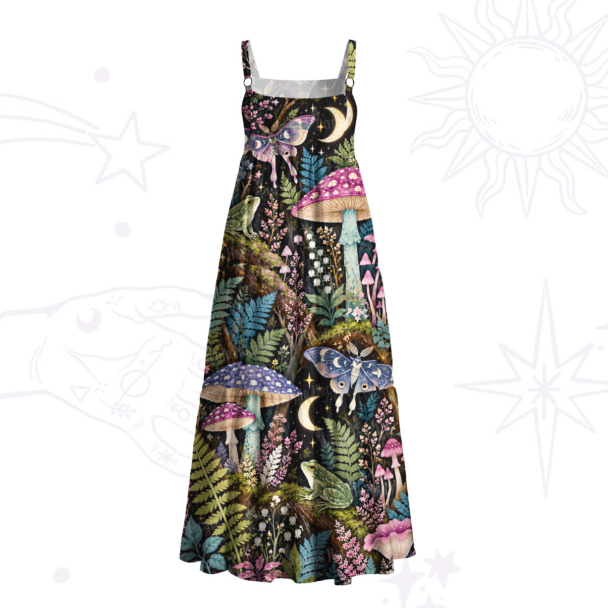 Purplehecate Enchanted Mushroom Grove Under the Moon Wide Straps Maxi Dress