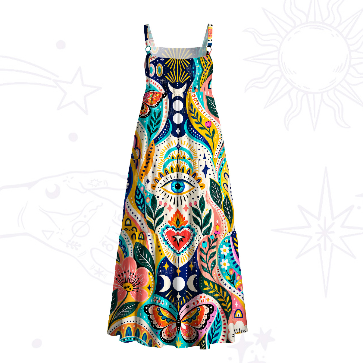 Purplehecate Celestial Heart Mystic Symbol Wide Straps Maxi Dress