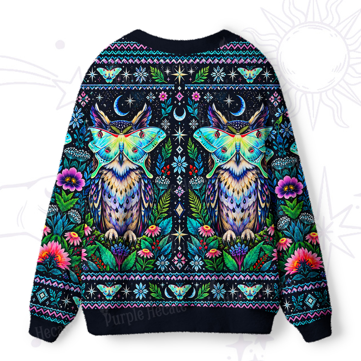 Purplehecate Moonlit Mystic Owl & Butterfly Ugly Cardigan Sweaters