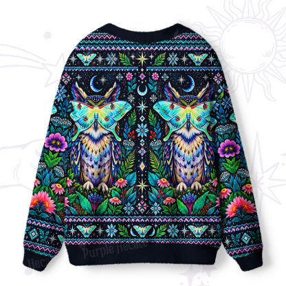 Purplehecate Moonlit Mystic Owl & Butterfly Ugly Cardigan Sweaters
