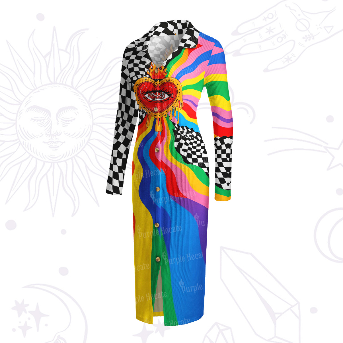 Purplehecate Trippy Rainbow Heart Eye Ribbed Knit Dress