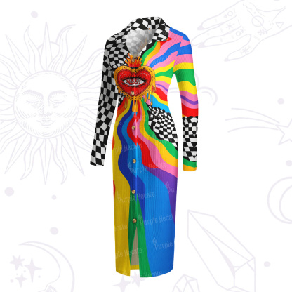 Purplehecate Trippy Rainbow Heart Eye Ribbed Knit Dress