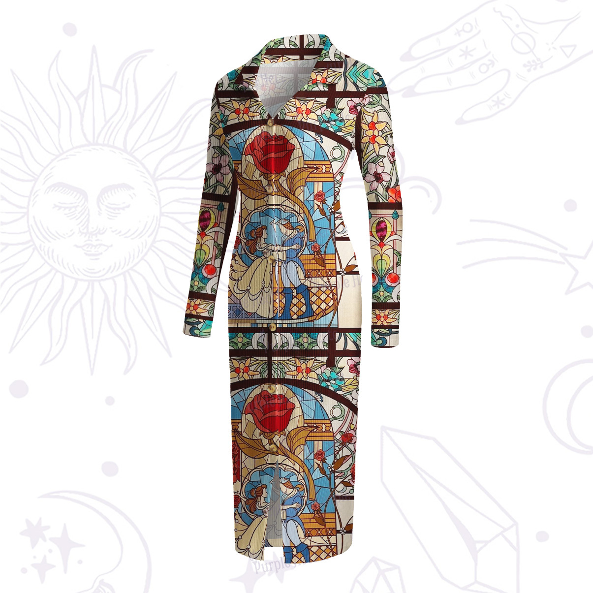 Purplehecate Stained Glass Rose Romance Ribbed Knit Dress