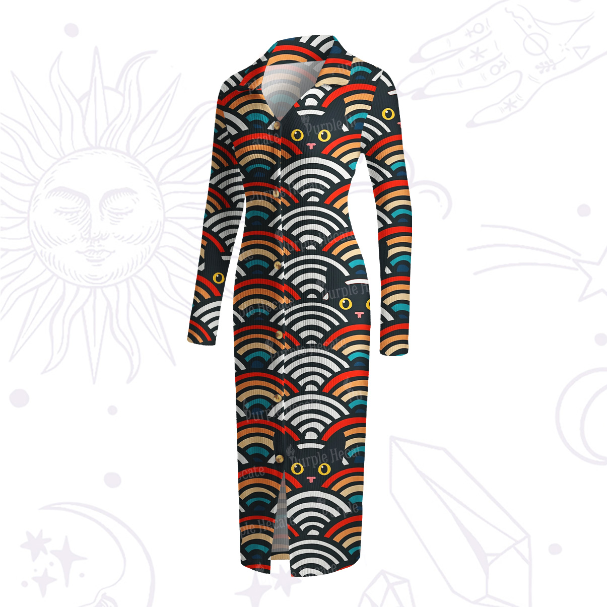 Purplehecate Rainbow Black Cat Waves Ribbed Knit Dress