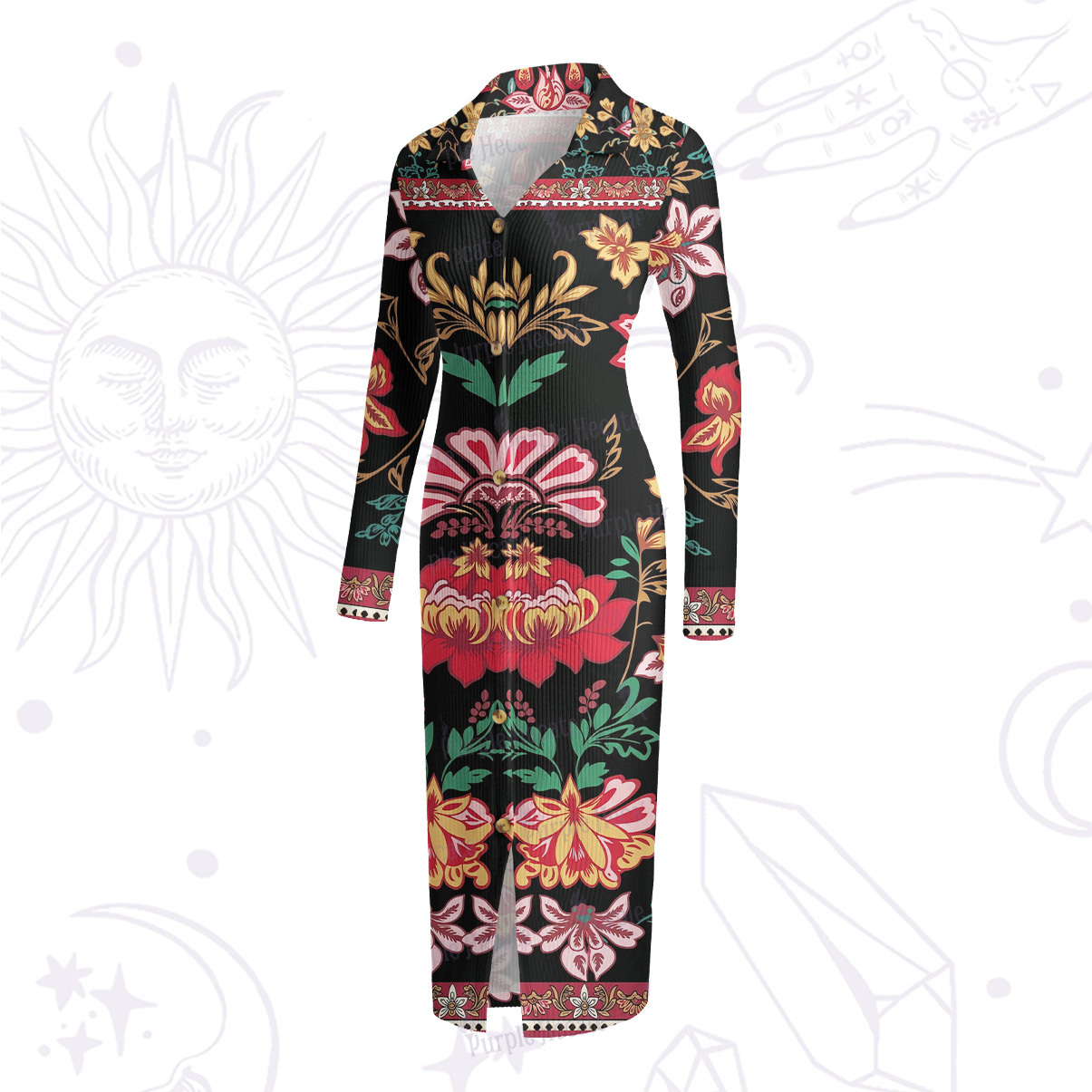 Purplehecate Ethnic Passionate Floral Motif Ribbed Knit Dress