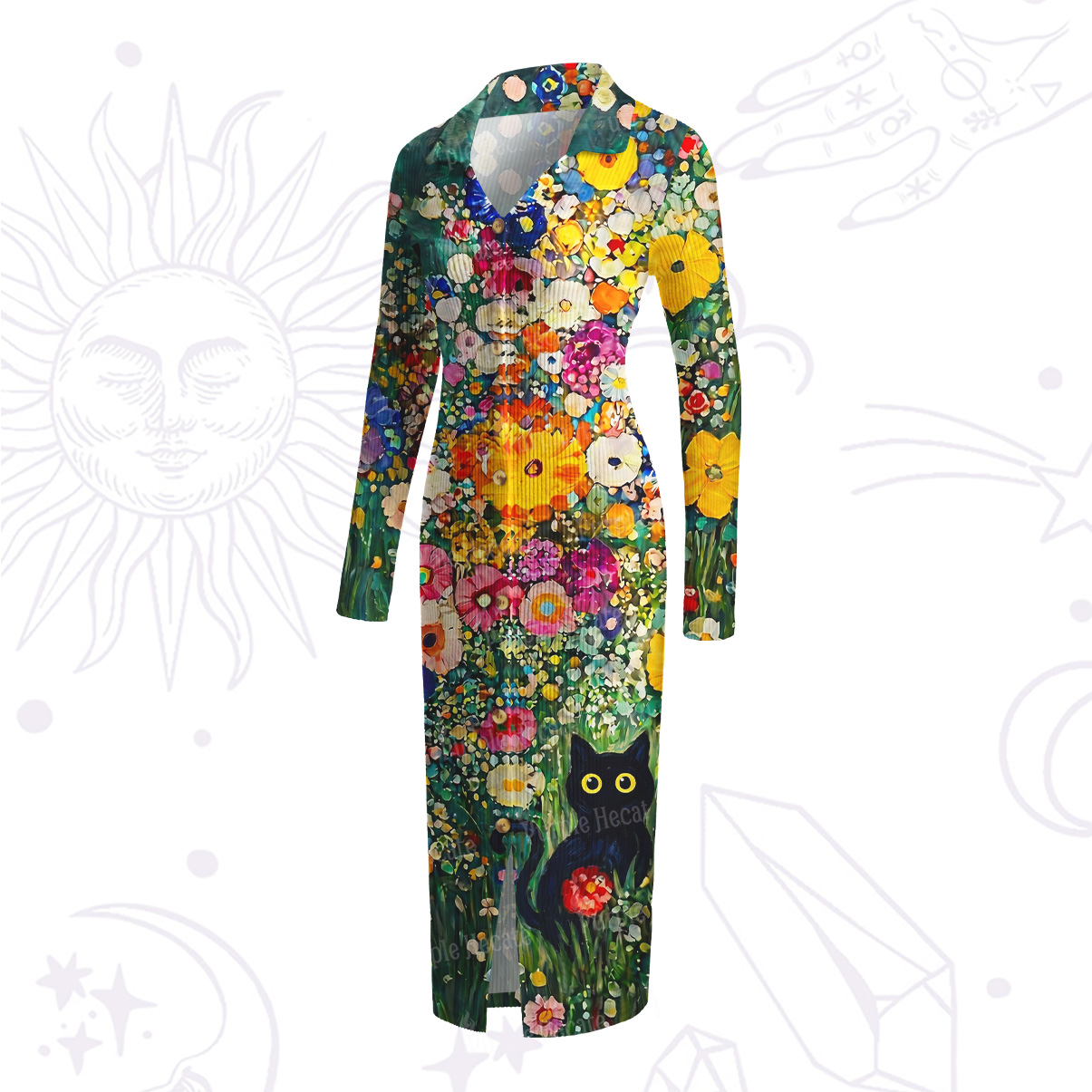 Purplehecate Fluffy Black Cat in Colorful Flower Field Ribbed Knit Dress