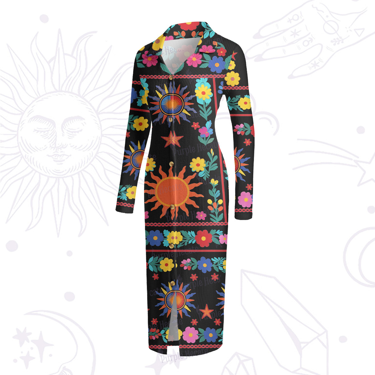 Purplehecate Folk Sun Garden Ribbed Knit Dress