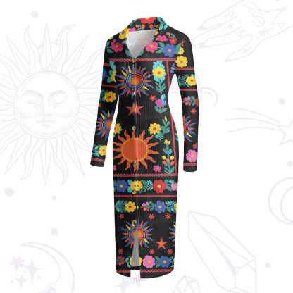 Purplehecate Folk Sun Garden Ribbed Knit Dress