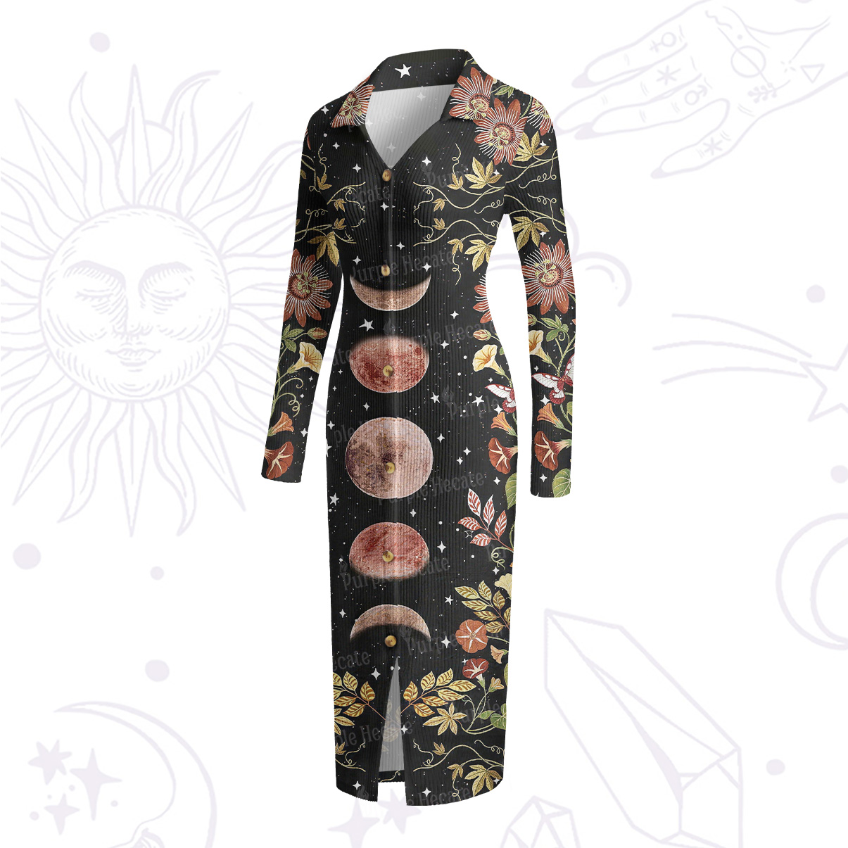 Purplehecate Moon Phase Floral Ribbed Knit Dress