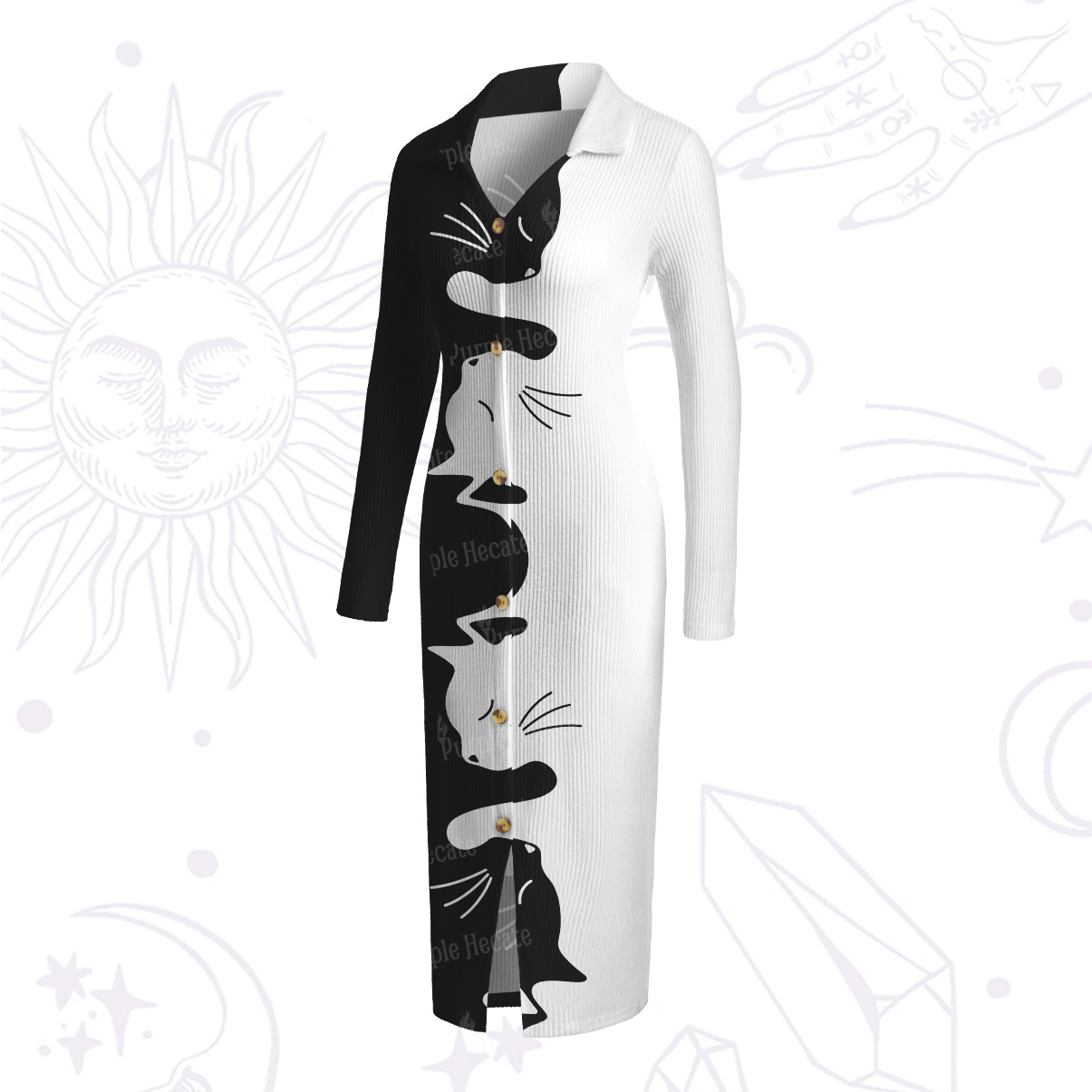 Purplehecate Yin Yang Cat Lover Ribbed Knit Dress