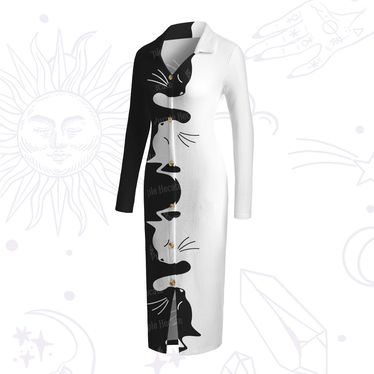 Purplehecate Yin Yang Cat Lover Ribbed Knit Dress