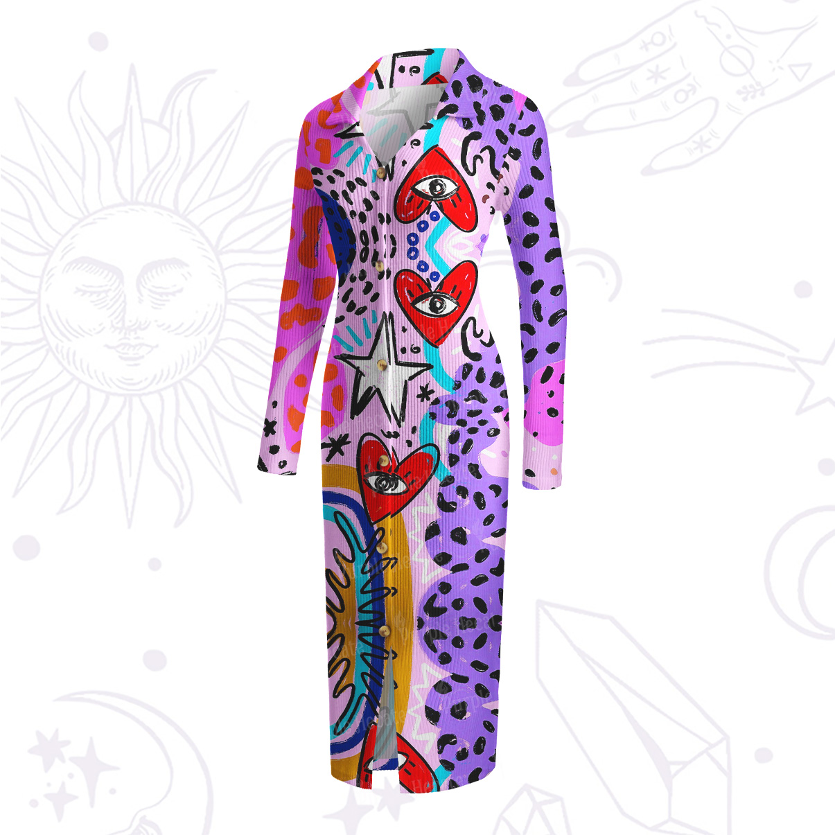 Purplehecate Cosmic Love Eyes Graffiti Ribbed Knit Dress