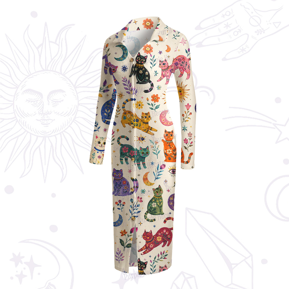 Purplehecate Rainbow Magic Cats Ribbed Knit Dress