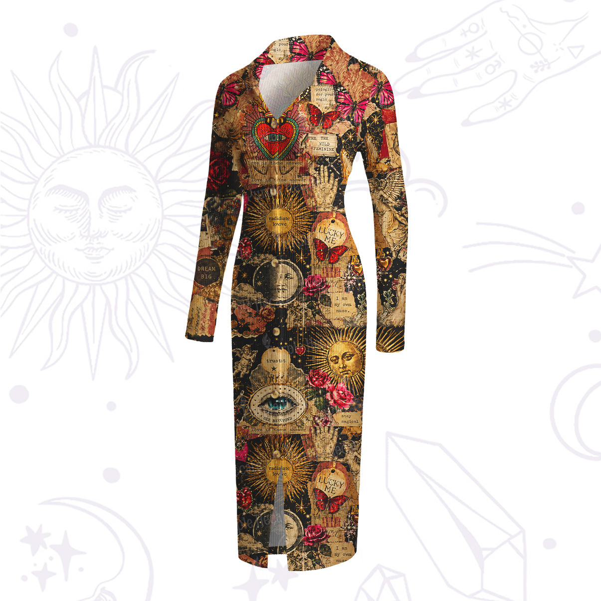 Purplehecate Vintage Celestial Witch Moon Collage Ribbed Knit Dress