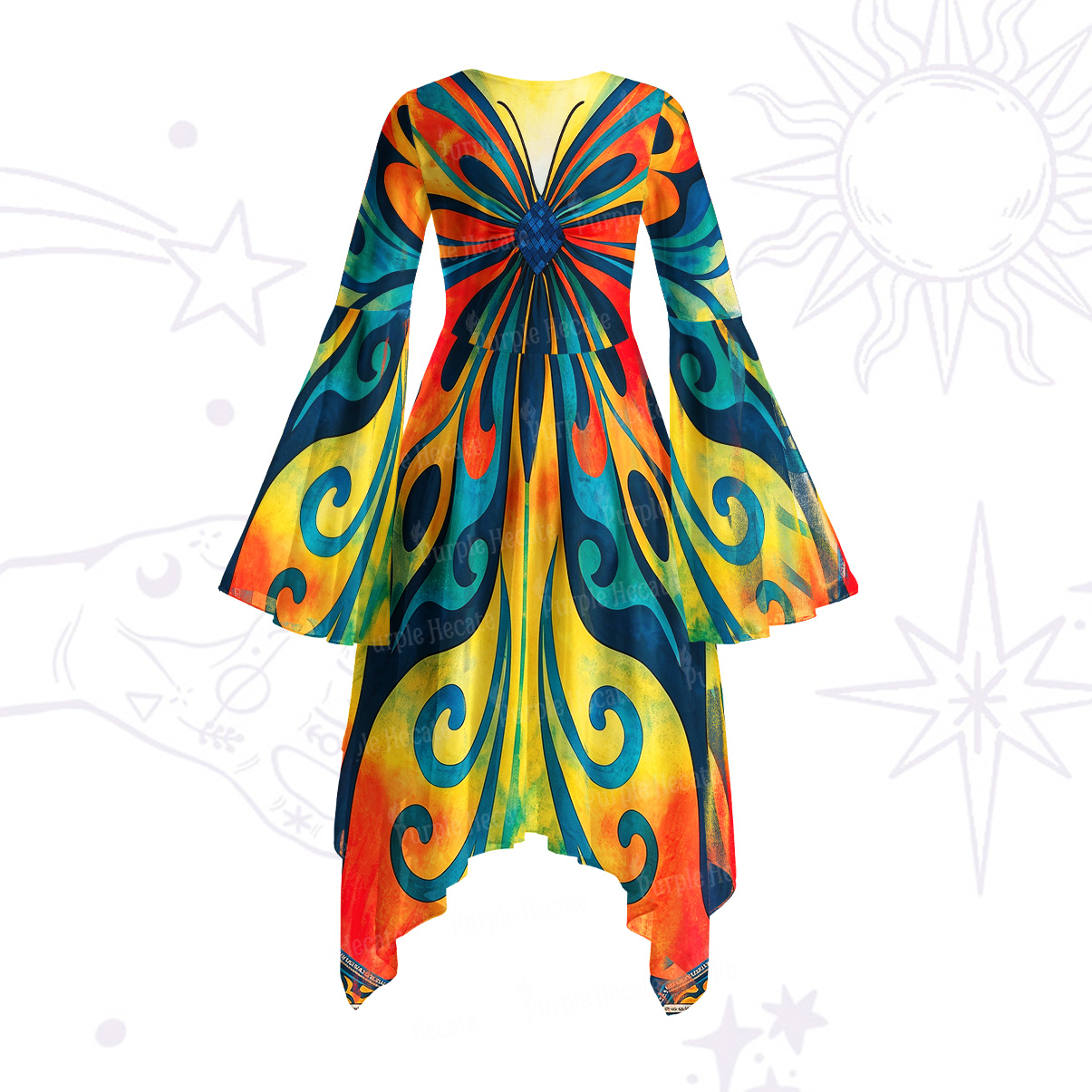 Purplehecate Boho Mystic Fiery Butterfly Bell Sleeve Dress